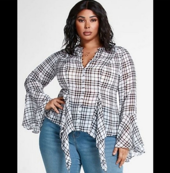 New Fashion to Figure Illeana Plaid Asymmetrical Peplum Top 2 - Picture 1 of 5
